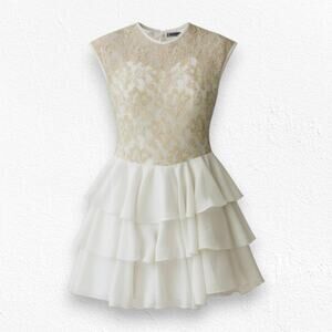 Vintage 1980s Lace Party Dress Ivory Gold USA Made Deadstock Fit Flare Size 4